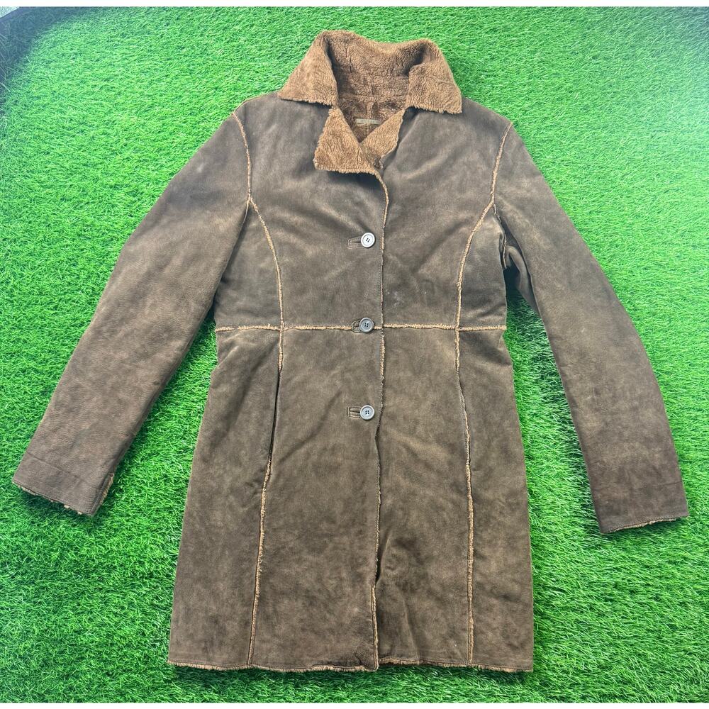 VTG Guess M Brown Suede Leather Casual Jacket Coat Faux Fur Lined Penny Lane Y2K